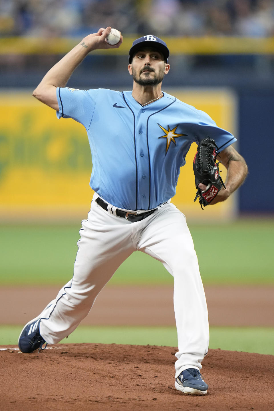 Tampa Bay Rays' pitcher Zach Eflin delivers to the Chicago White Sox during the first inning of a baseball game Sunday, April 23, 2023, in St. Petersburg, Fla. (AP Photo/Chris O'Meara)