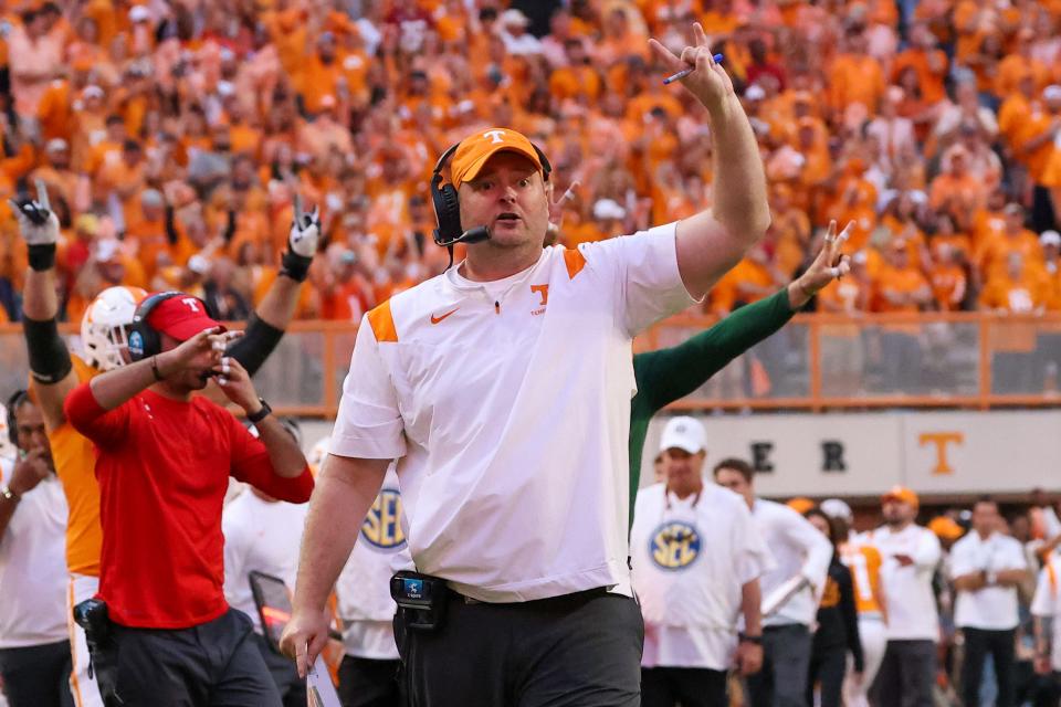 Tennessee coach Josh Heupel reacts during the second half of his team's game against Alabama at Neyland Stadium.