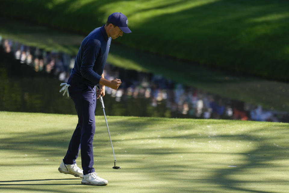 Jordan Spieth saves par on the 16th hole during the final round of the Masters golf tournament at Augusta National Golf Club on Sunday, April 9, 2023, in Augusta, Ga. (AP Photo/Charlie Riedel)