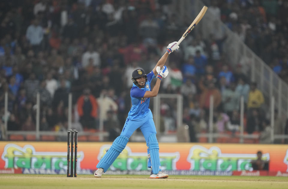 India's Shubhman Gill plays a shot during the third T20 international cricket match between India and New Zealand in Ahmedabad, India, Wednesday, Feb. 1, 2023. (AP Photo/Ajit Solanki)