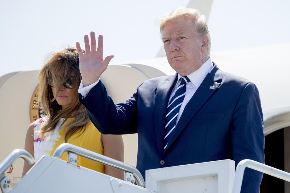 President Donald Trump and first lady Melania Trump arrive in Biarritz, France, Saturday, Aug. 24, 2019, for a G-7 summit. (AP Photo/Andrew Harnik)