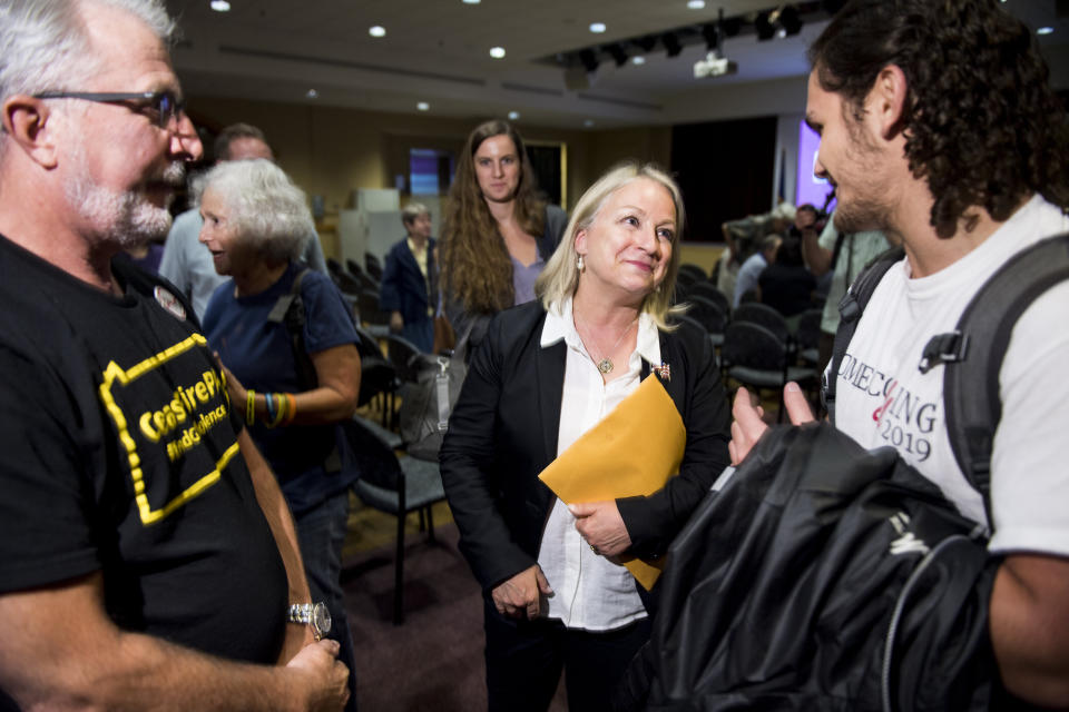 Rep. Susan Wild talks with constituents following a town hall meeting at Muhlenberg College in Allentown, Pennsylvania. The crowd was largely supportive of her decision to back an impeachment inquiry. (Photo: Bill Clark via Getty Images)