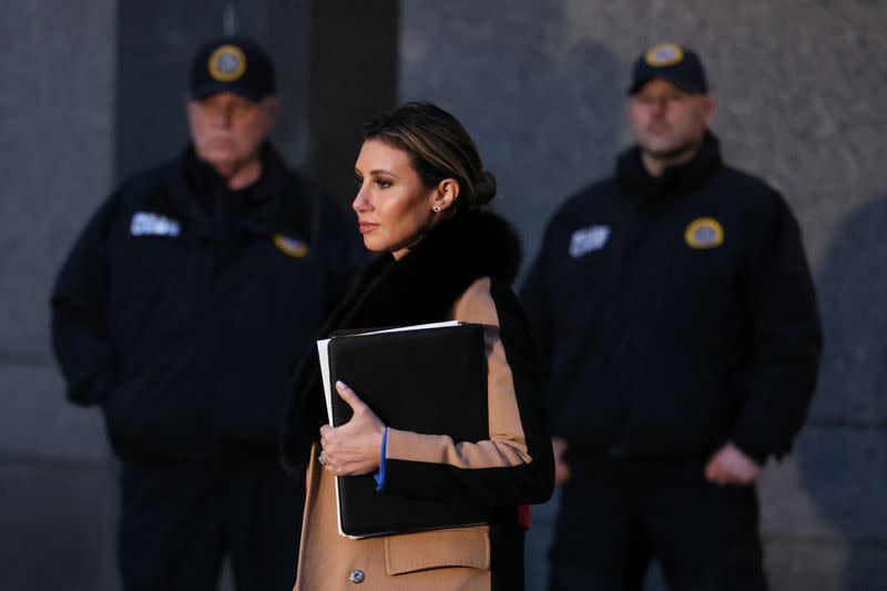 Alina Habba, former U.S. President Donald Trump's lawyer walks outside Manhattan Federal Court, in New York City