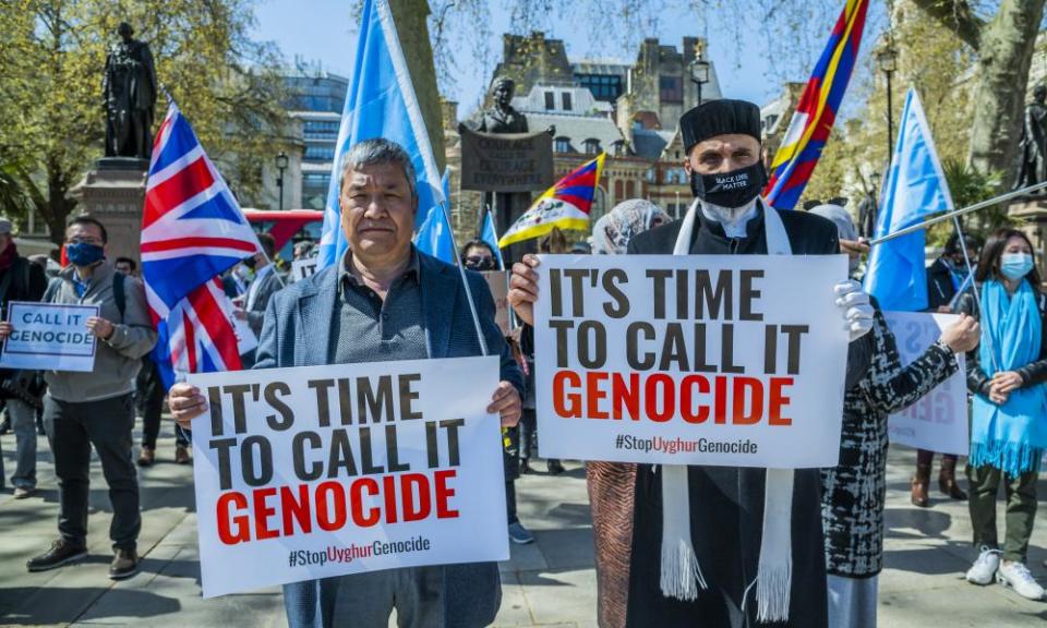 A protest outside the UK parliament in support of Uyghur Muslims on Thursday.