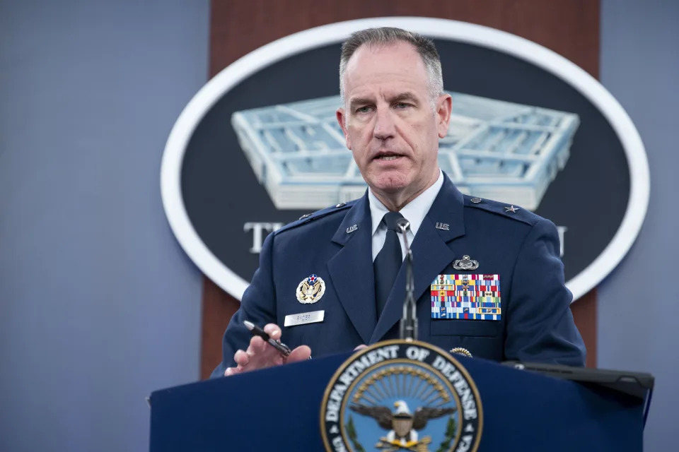 Pentagon spokesman Air Force Brig. Gen. Patrick Ryder speaks at the Pentagon on Thursday, Oct. 26, 2023 in Washington. The U.S. military launched airstrikes early Friday on two locations in eastern Syria linked to Iran's Revolutionary Guard Corps, the Pentagon said, in retaliation for a slew of drone and missile attacks against U.S. bases and personnel in the region that began early last week. According to the Pentagon, there have been at least 12 attacks on U.S. bases and personnel in Iraq and four in Syria since Oct. 17. (AP Photo/Kevin Wolf)