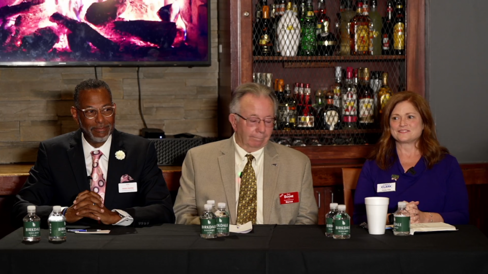 The Charlotte Observer along with Neighborhood TV and WSOC hosted a Huntersville mayoral forum at Red Rocks Cafe in Birkdale Village on Friday, Oct. 20. From left is Derek Partee, Dan Boone and Christy Clark.
