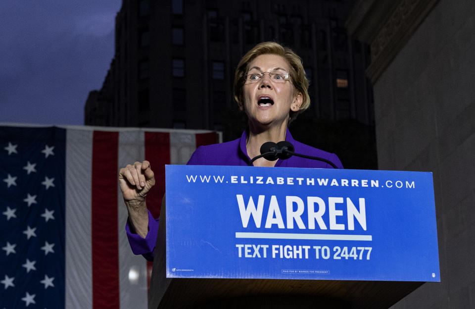 Democratic presidential candidate U.S. Sen. Elizabeth Warren addresses supporters at a rally Monday, Sept. 16, 2019, in New York. (AP Photo/Craig Ruttle)