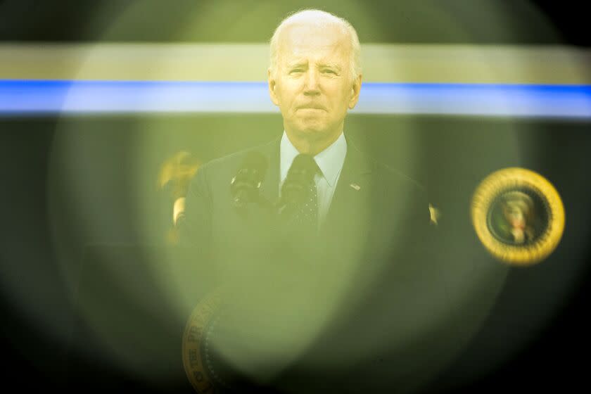 WASHINGTON, DC - FEBRUARY 16: President Joe Biden speaks about the United States response to the high-altitude Chinese spy balloon and three other unidentified objects that were recently shot down by the U.S. military over American and Canadian airspace, in the South Court Auditorium at the White House Complex on Thursday, Feb. 16, 2023 in Washington, DC. The balloon incident stressed an already tenuous relationship between the U.S. and China, and President Biden is expected to speak with Chinese President Xi Jinping about the incident. (Kent Nishimura / Los Angeles Times)