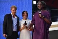 <p>Harry and Meghan looked on as US Ambassador to the United Nations, Linda Thomas-Greenfield, spoke at the Global Citizen Live festival.</p>