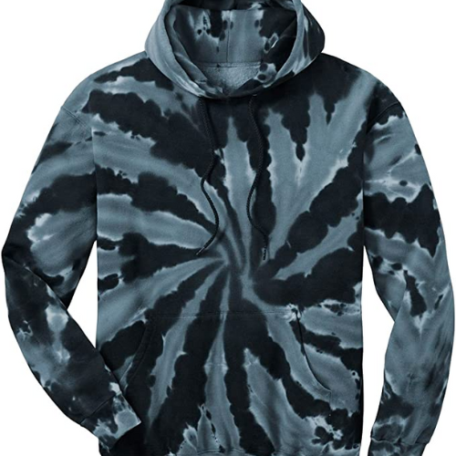 dark blue and black tie-dye hoodie against white background