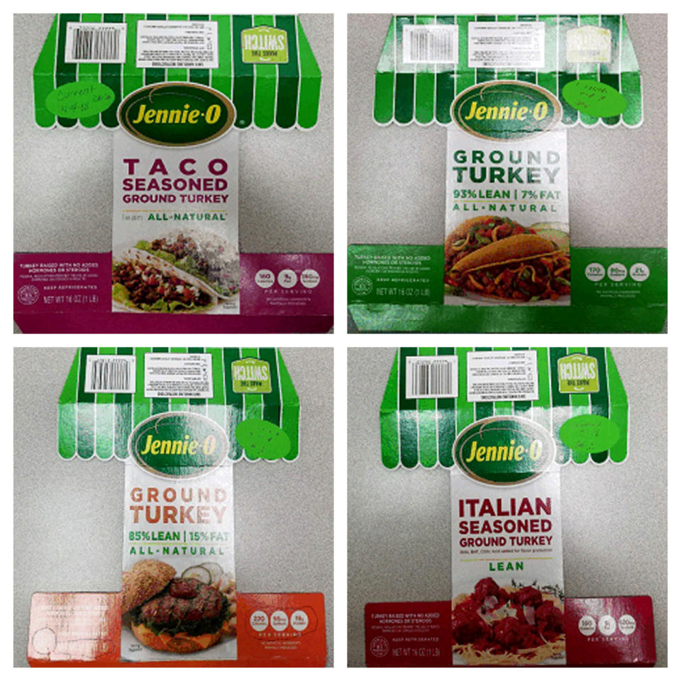 This combination of images provided by Hormel Foods on Friday, Nov. 16, 2018 shows packaging for four types of Jennie-O ground raw turkey with a P190 designation which have been recalled due to concerns over salmonella. Salmonella in food is estimated to be responsible for 1 million illnesses a year, with symptoms including vomiting, diarrhea and stomach cramps. (Hormel Foods via AP)