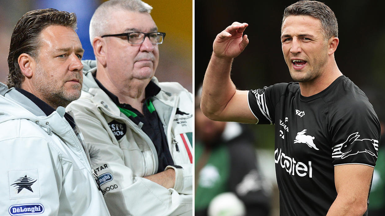 Shane Richardson, pictured here with Russell Crowe, and Sam Burgess at South Sydney training.