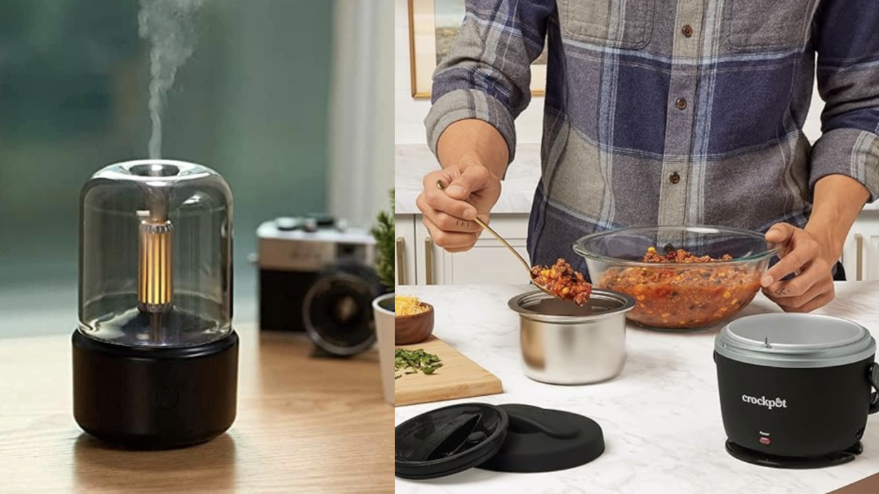 a small black and translucent diffuser and a small portable crockpot