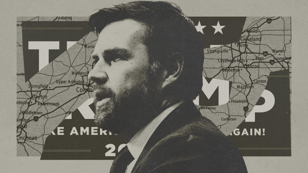  Photo composite of J.D. Vance, a map of Ohio and a Trump 2024 campaign banner. 