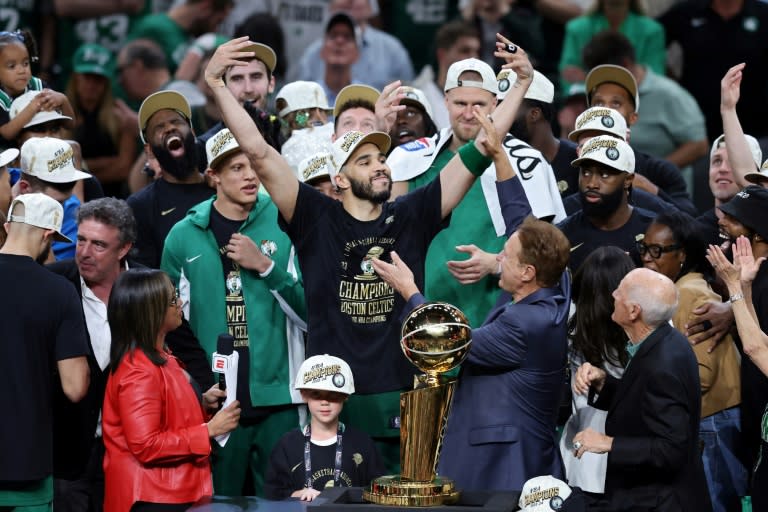 Jayson Tatum celebrates after Boston's NBA Finals-clinching win over Dallas (Adam Glanzman)