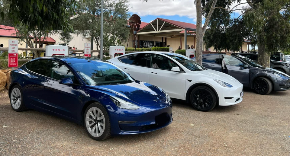 A fleet of Teslas charging in NSW. 