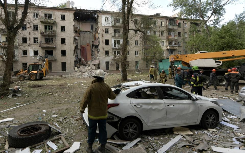 A Ukrainian missile strike on the Russian-controlled city of Lugansk on June 7, 2024 ripped through a block of flats, killing four and injuring over 40, Russia-appointed officials said