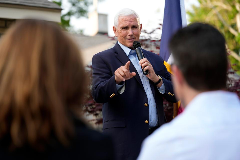 Former Vice President Mike Pence speaks to residents during a meet and greet May 23 in Des Moines, Iowa.