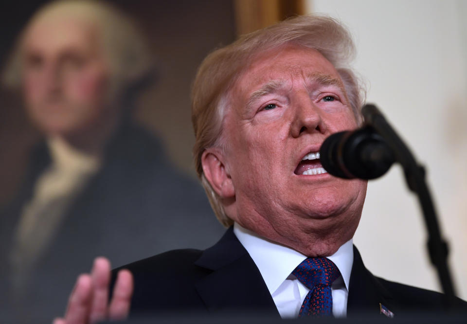 <p>President Donald Trump speaks in the Diplomatic Reception Room of the White House on Friday, April 13, 2018, in Washington, about the United States’ military response to Syria’s chemical weapon attack on April 7. (Photo: Susan Walsh/AP) </p>