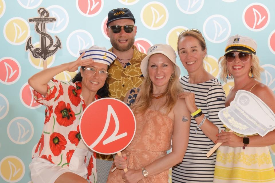 Sperry team members Edina Sultanik, Dan Leonardi, Elizabeth Drori, Katherine Cousins and Danielle Flad at Sperry Boat Shoe Summer Pool Party on July 16. - Credit: Andrew Werner