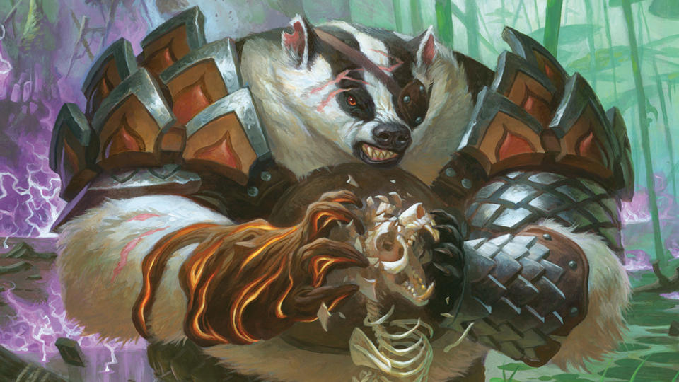 A badger with an eyepatch crushes a skeleton in Bloomburrow