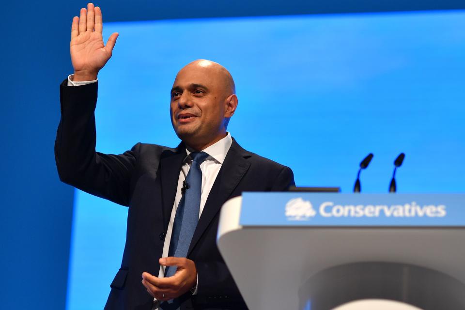 Britain's Chancellor of the Exchequer Sajid Javid delivers his keynote speech on the second day of the annual Conservative Party conference at the Manchester Central convention complex in Manchester, north-west England on September 30, 2019. - British Prime Minister Boris Johnson's office has denied allegations he made unwanted sexual advances towards two women 20 years ago. Journalist Charlotte Edwardes wrote in a column for The Sunday Times that Johnson put his hand on her thigh at a dinner party thrown by the magazine he was editing at the time. (Photo by Ben STANSALL / AFP)        (Photo credit should read BEN STANSALL/AFP via Getty Images)