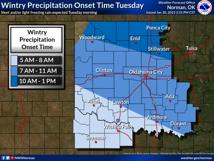 Meteorologists with the National Weather Service in Norman released a map Monday showing a timeline of when they expect the second wave of an ice storm to hit the state Tuesday.