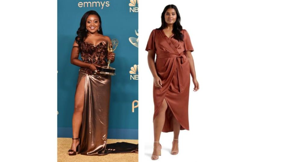 Get Quinta's look with the Liza Wrap Midi Dress in Rose Rust, $99.95, from Forever New Curve. Credit: Getty and Myer