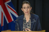 New Zealand Prime Minister Jacinda Ardern addresses a press conference following the Auckland supermarket terror attack at parliament in Wellington, New Zealand, Saturday, Sept. 4, 2021. New Zealand authorities say they shot and killed a violent extremist, Friday, Sept. 3, after he entered a supermarket and stabbed and injured six shoppers. Ardern described Friday's incident as a terror attack. (Mark Mitchell/Pool Photo via AP)