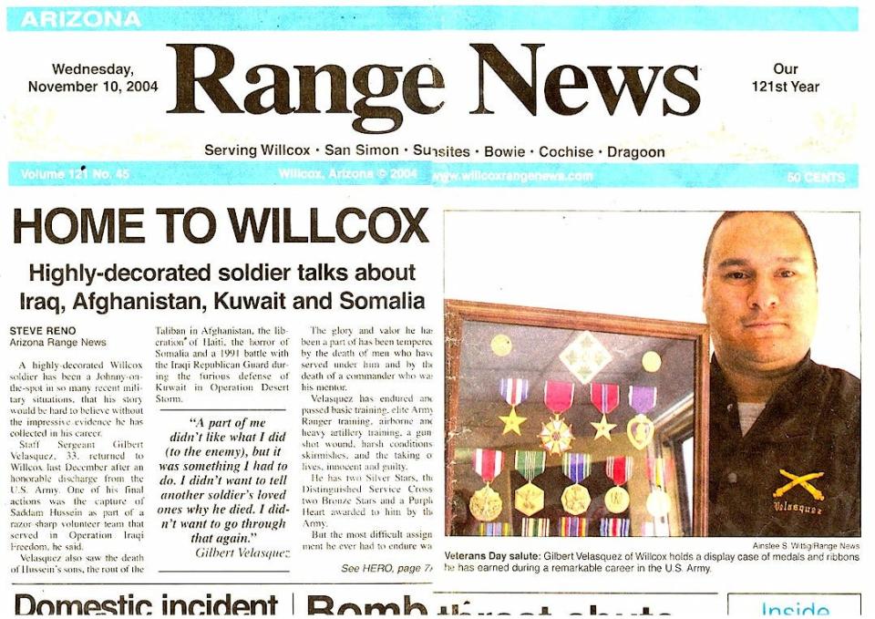 A screenshot of the front page featuring Arizona military impersonator Gilbert Velasquez, who spurred the federal Stolen Valor Act.