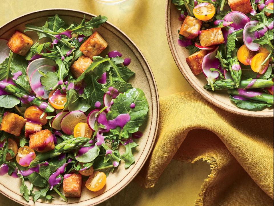 June: Early Summer Salad with Tempeh Croutons and Beet Dressing