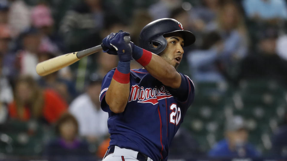 Minnesota Twins' Eddie Rosario bats against the Detroit Tigers in the eighth inning of a baseball game in Detroit, Wednesday, Sept. 25, 2019. (AP Photo/Paul Sancya)