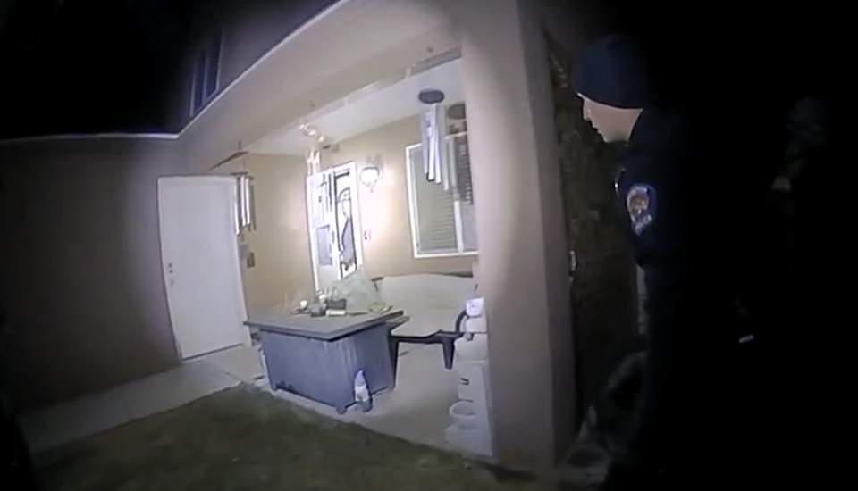 A still from body cam footage released by Farmington Police of the incident April 5,2023 in which Farmington Police officers, responding to a report of domestic violence, went to the wrong home. When Robert Dotson answered his door armed he was fatally shot by the officers.