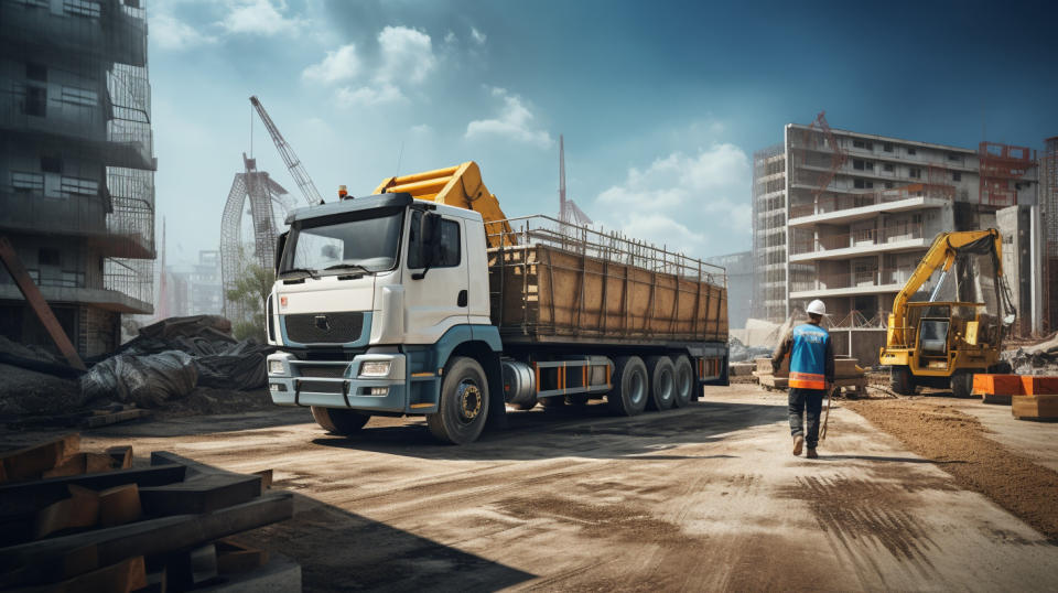 A construction site with a truck and crane unloading the company's materials.