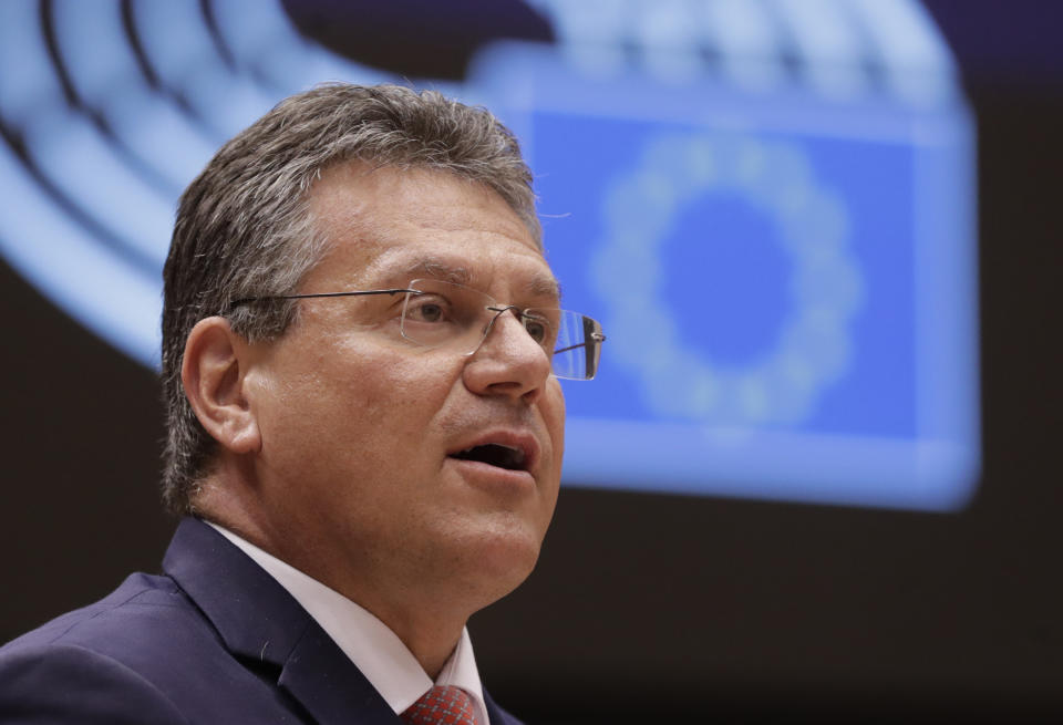 FILE - In this file photo dated Tuesday, April 27, 2021, European Commissioner for Inter-institutional Relations and Foresight Maros Sefcovic speaks during a debate at the European Parliament in Brussels. The European Union’s chief Brexit negotiator Maros Sefcovic says the bloc is ready to act “firmly and resolutely” if the U.K. fails to honor its commitments under the divorce deal that was supposed to keep trade flowing after the Britain left the EU according to information published Tuesday June 8, 2021. (Olivier Hoslet, Pool FILE via AP)