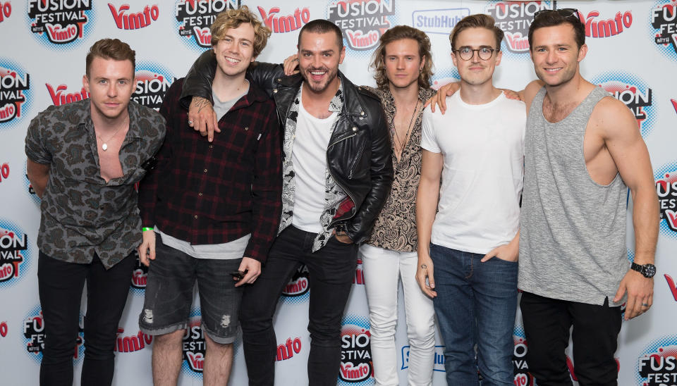 Danny Jones,James Bourne,Matt Willis,Dougie Poynter,Tom Fletcher and Harry Judd of McBusted pose in the Press Room at Fusion Festival at Cofton Park on August 30, 2015 in Birmingham, England.  (Photo by Jo Hale/Redferns)
