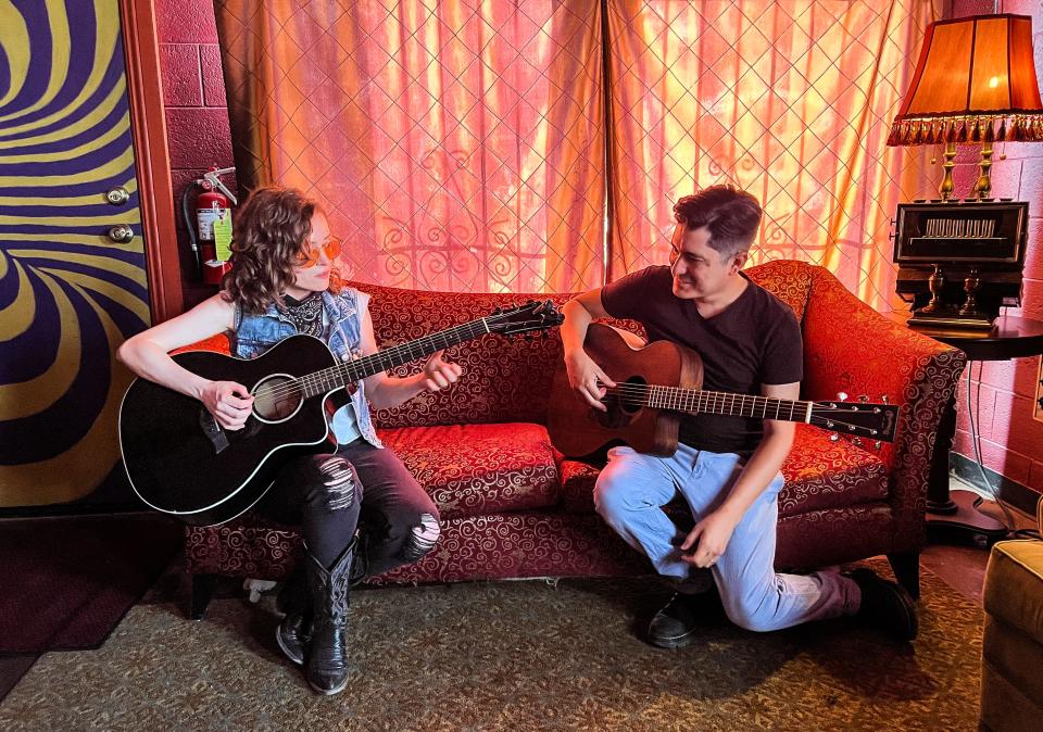 El Paso musicians Emily Davis and Javier Martinez practice Wednesday at The Living Room, 2310 N. Piedras St., Suite A, ahead of a release party for her new EP, “Living in the Past Tense,” on Saturday night.