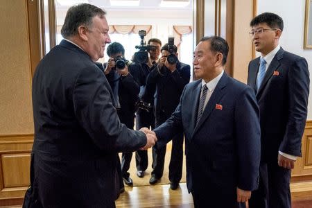 Secretary of State Mike Pompeo meets with Kim Yong Chol, second from right, a North Korean senior ruling party official and former intelligence chief, for a second day of talks at the Park Hwa Guest House in Pyongyang, North Korea, Saturday, July 7, 2018. Andrew Harnik/Pool via Reuters