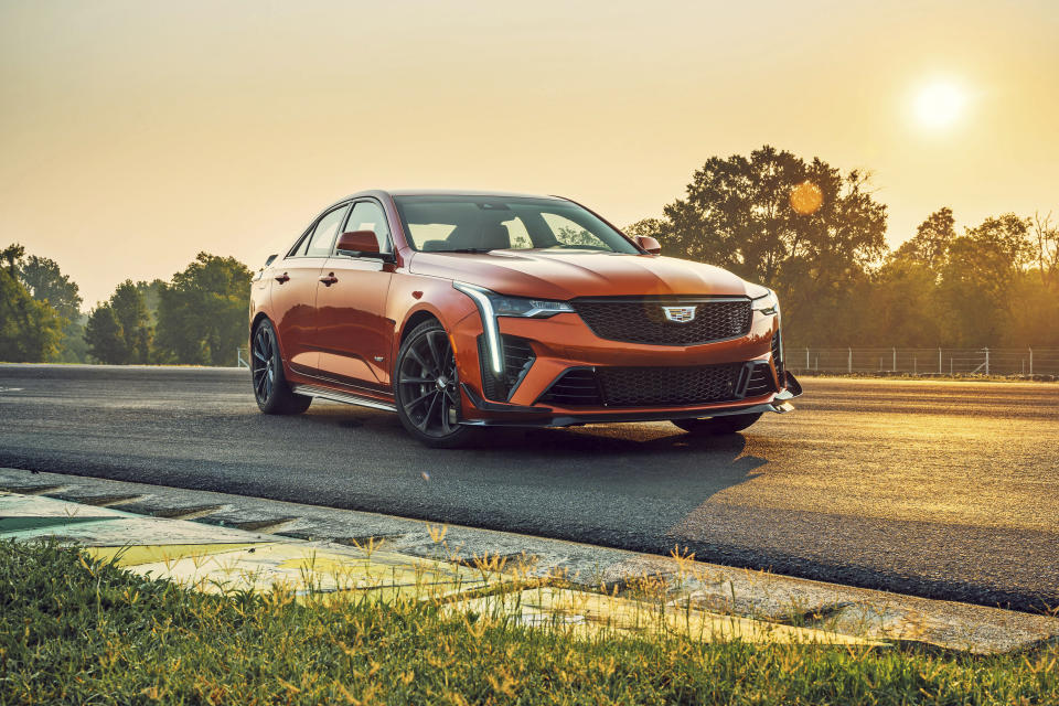 This photo provided by Cadillac shows the Cadillac CT4-V Blackwing, a small luxury performance sedan with a 472-horsepower turbocharged V6 engine. It provides excellent performance value for the money. (DW Burnett/Courtesy of General Motors via AP)