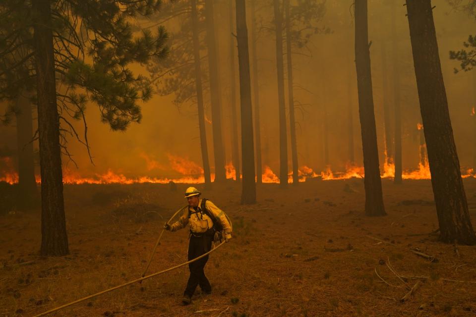 2021年8月26日，美國消防員在加州「卡爾多野火」（Caldor Fire）火場。美聯社