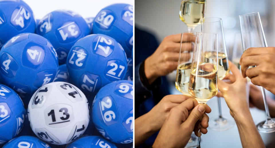 The Lott has revealed the $100 million Powerball numbers. Powerball balls and champagne glassed pictured.