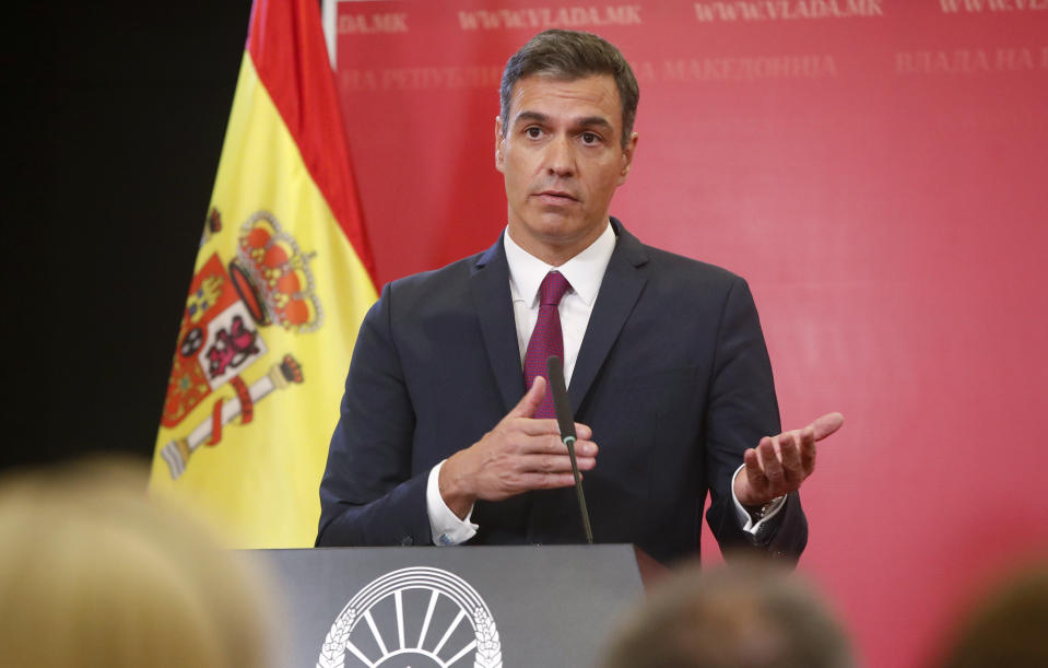 Spain's Prime Minister Pedro Sanchez talks to the media during a news conference with North Macedonia's Prime Minister Dimitar Kovacevski, in the government building in Skopje, North Macedonia, on Sunday, July 31, 2022. Spanish Prime Minister Pedro Sanchez is on a one-day official visit to North Macedonia as a part of his Western Balkans tour. (AP Photo/Boris Grdanoski)