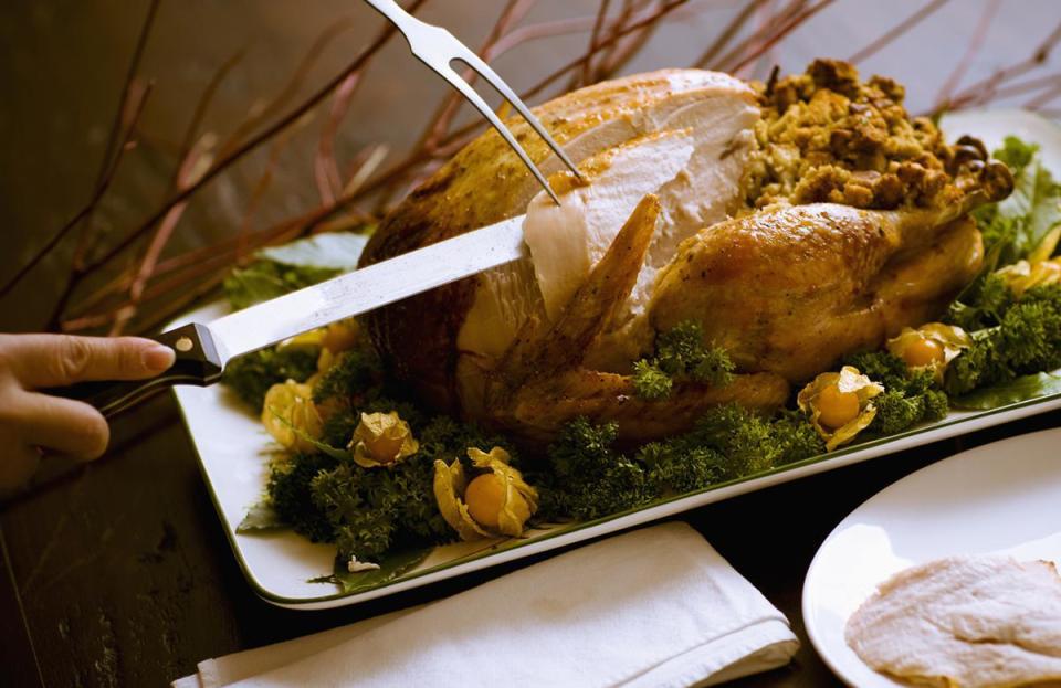 <p>Whether you <a href="https://www.thedailymeal.com/healthy-eating/turkey-healthier-white-meat-dark?referrer=yahoo&category=beauty_food&include_utm=1&utm_medium=referral&utm_source=yahoo&utm_campaign=feed" rel="nofollow noopener" target="_blank" data-ylk="slk:prefer white meat or dark meat;elm:context_link;itc:0;sec:content-canvas" class="link ">prefer white meat or dark meat</a>, you need to carve your turkey before serving. While a carving fork can be useful for serving a turkey, don’t use it to steady your turkey as you carve it.</p>