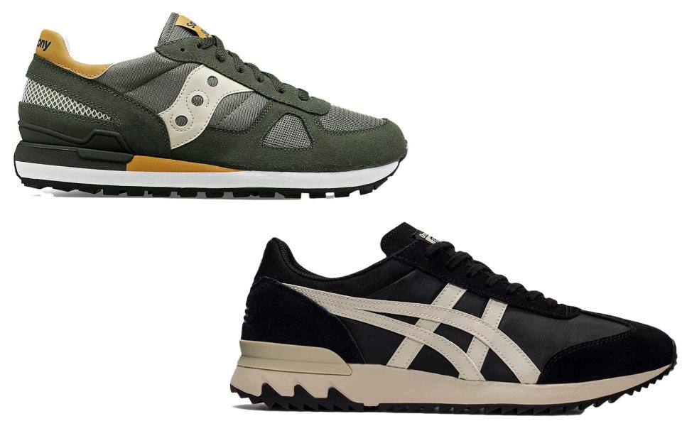 Padded trainers, £100, Saucony; Leather and padded trainers, £130, Onitsuka Tiger