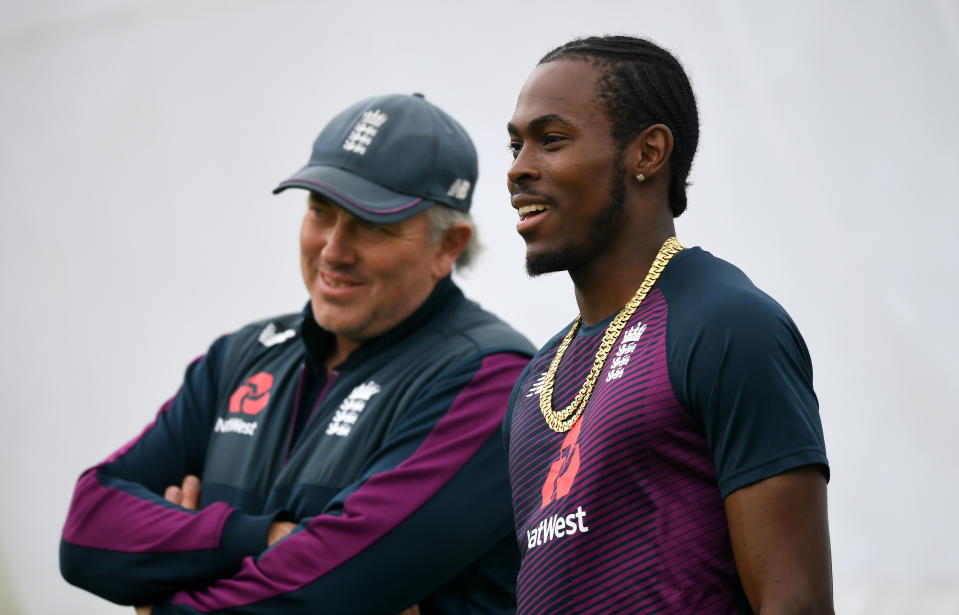 Jofra Archer shares a laugh with England Head Coach Chris Silverwood.