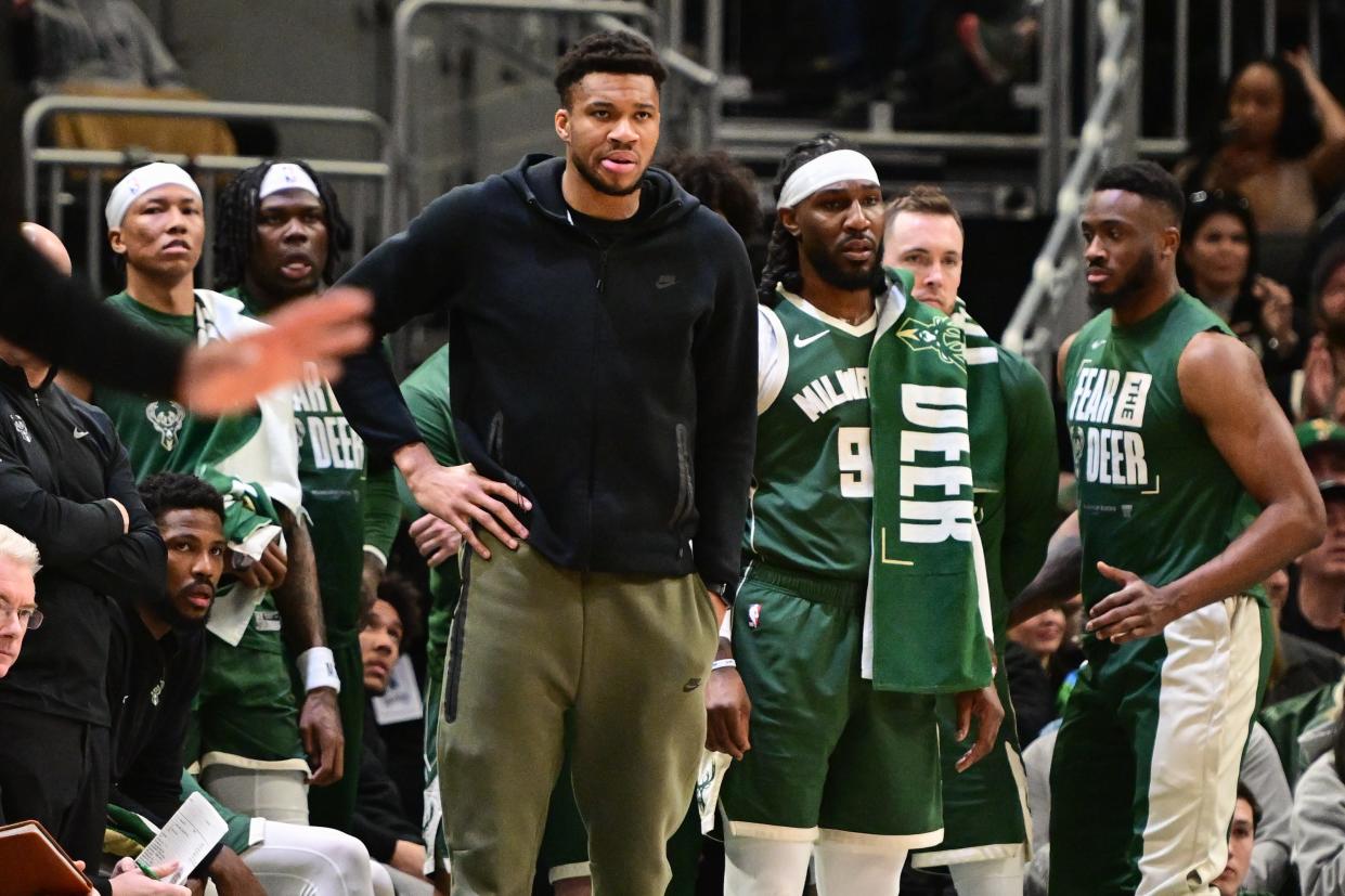 Giannis Antetokounmpo has had to watch the Bucks fall behind the Pacers in their first-round playoff series from the bench.