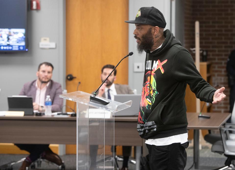 Jermaine Williams makes an impassioned plea before the Pensacola City Council to save the Malcolm Yonge Gym during a meeting at City Hall on Thursday, Feb. 8, 2024.