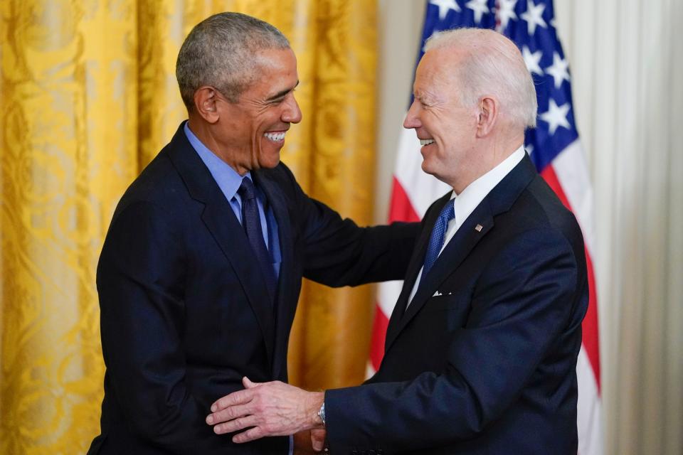 Former President Barack Obama joins President Joe Biden in the East Room of the White House.