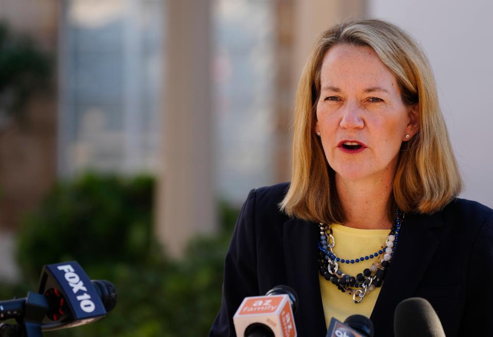 Arizona Attorney General-elect Kris Mayes speaks to the media in downtown Phoenix on Nov. 22, 2022.