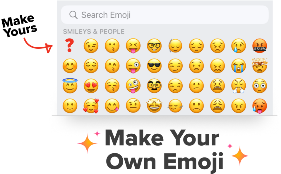 Emoji selection screen displayed with a variety of expressions, highlighted "Make Your Own Emoji" feature